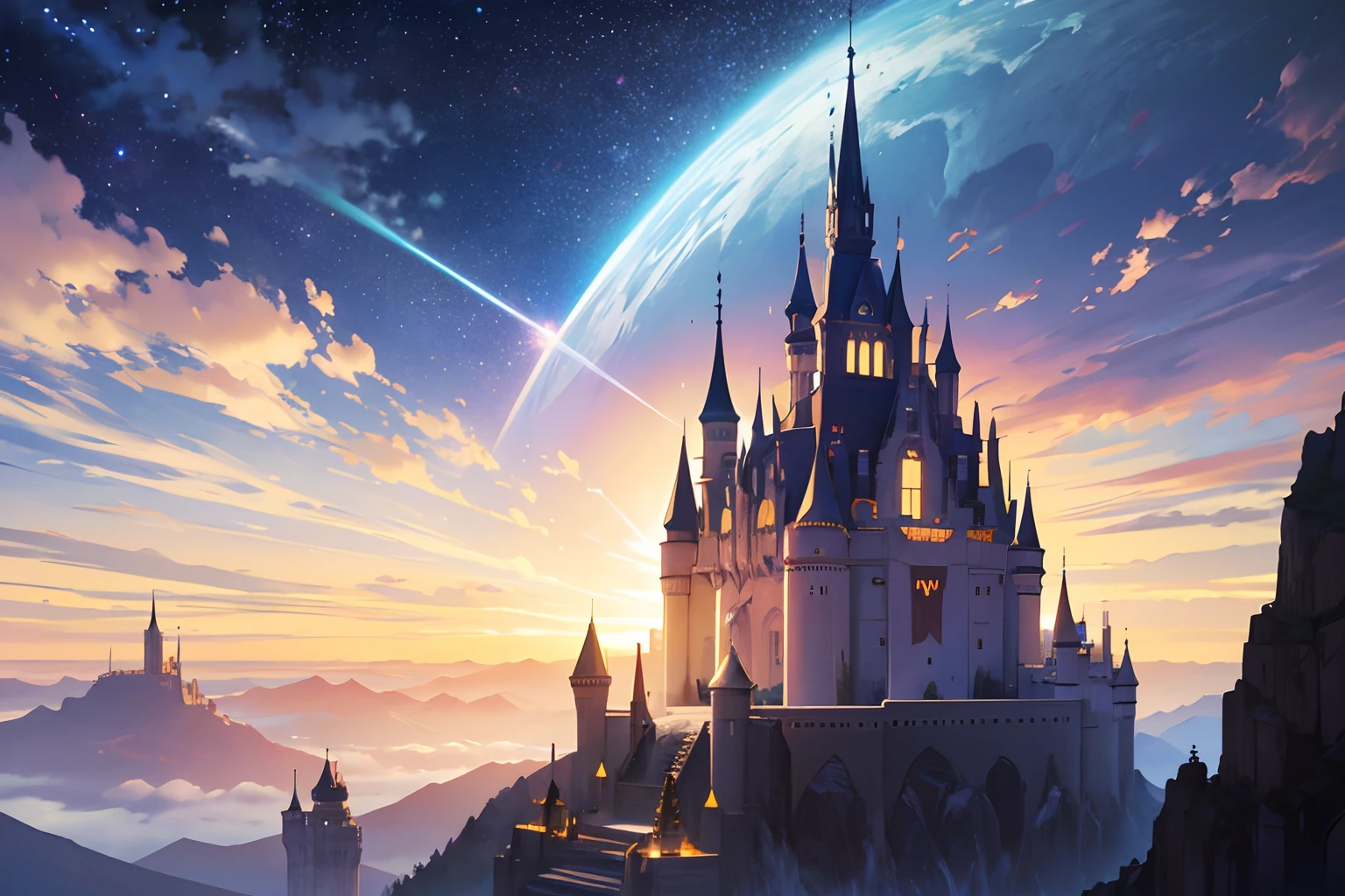 Create an illustration of a fantastical castle floating in space. The castle is equipped with telescopes and observatory-like structures, giving it the appearance of an astronomical facility. The background space is filled with stars, creating a mesmerizing and dreamlike atmosphere. The scene captures the sense of wonder and curiosity that comes with exploring the universe, combining the mystical charm of a castle with the vastness of space.