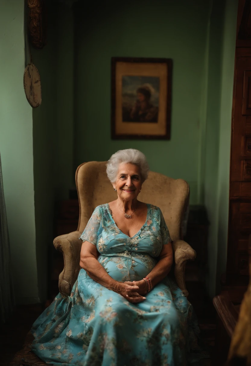 mulher branca idosa de 70 anos, cabelos grisalhos em coque, She's wearing a dress and has an eight-month pregnant belly, She's sitting in an armchair in her room, pele enrugada, olhando pra frente, foto frontal, 8k