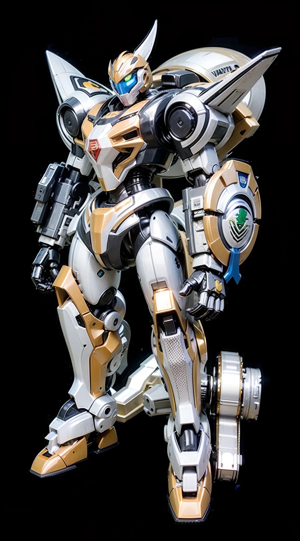Ultra-realistic technological mecha robot, com partes de metais brancas, douradas e pretas, vidro vermelho no peito