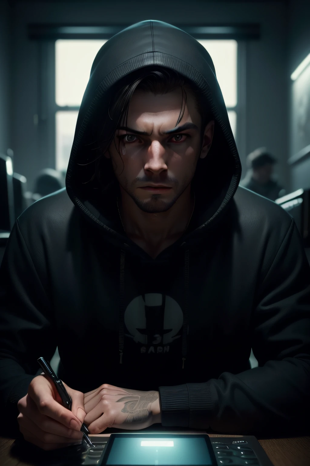 (sharp focus:1.2), an award-winning shot of a casual men, 23 year old, wear funny hoodie,laptop in front of him, in cyberpunk room with full light neon led computer,thunderstorm outside, dull backlighting, extremely detailed skin, sadness, hopelessness, bleary eyes, (deep shadows:1.1), high contrast, beautiful eyes, absurd, 8k, (high quality: 1.3), , artstation hd, concept art, detailed face and body, award winning photography, (moody lighting:1.2), depth of field , bokeh, 4K, HDR