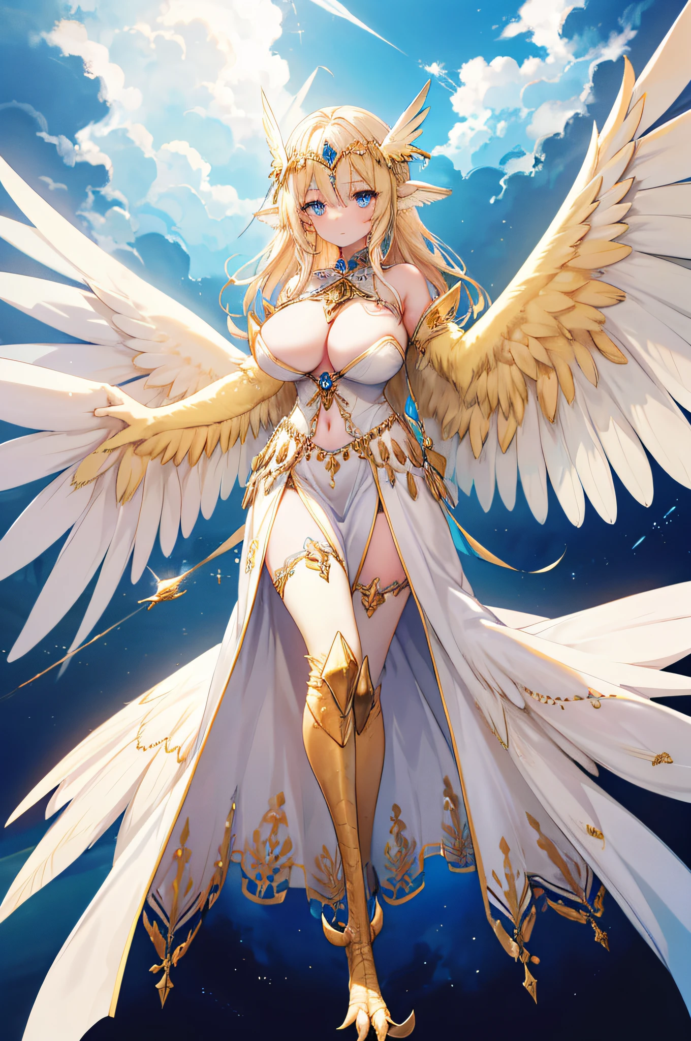 4k,hight resolution,One Woman,harpy,Bright blonde hair,Longhaire,Bright blue eyes,huge tit,Bright white wings,Golden toenails,valkyrie,high priestess,Goddess dress,Winged headgear,jewel decorations,Temple in the Sky,nigh sky