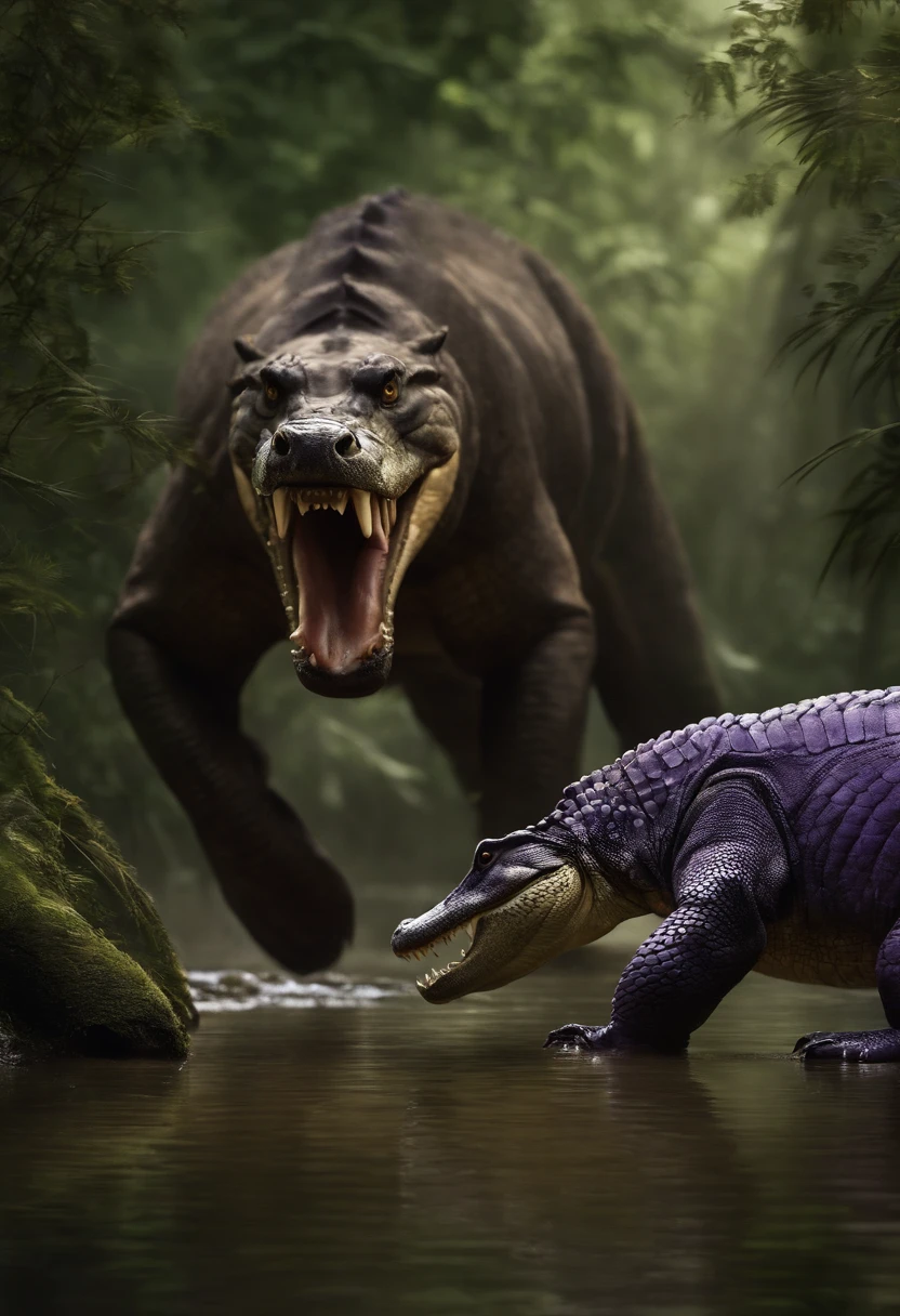 Create an image for the following story: Era uma vez, em meio a uma selva exuberante, a fearless alligator named Julius. He possessed uncommon strength and unwavering determination. Em uma bela tarde, Julius came across a gigantic purple mammoth named Max. Max era conhecido por sua enorme estatura e por intimidar todos os habitantes da floresta.
Ao avistar Max, Julius didn't back down for a moment. He knew he needed to rise to the challenge to protect his family and his animal companions. With courage and strategy, Julius advanced towards Max, with an open jaw and sharp teeth.
The purple mammoth didn't expect to encounter such a bold and agile opponent. He tried to swing his powerful trunk and defend himself with his huge fangs, but Julius was too fast. Com movimentos precisos, the alligator managed to dodge Max's attacks and counterattack with ferocity.
With your powerful jaws clenching tight, Julius managed to bite off one of the purple mammoth's legs, fazendo-o recuar de dor. Determinado, the alligator didn't let Max recover and continued to charge at him. Its sturdy scales protected Julius from powerful blows and, aos poucos, He weakened the mammoth with his relentless bites.
Despite its outsized strength, Max couldn't resist Julius' unwavering drive and will. The Alligator, lutando com habilidade e coragem, managed to knock the purple mammoth to the ground, imobilizando-o completamente. With one last roar of victory, Julius showed his superiority over the powerful opponent.
The entire forest echoed in applause and celebrations for Julius' bravery. Ele se tornou uma lenda entre os animais, A symbol of determination and bravery. E assim, The alligator showed that, even facing bigger and stronger opponents, Courage and strategy can lead to unexpected triumph.