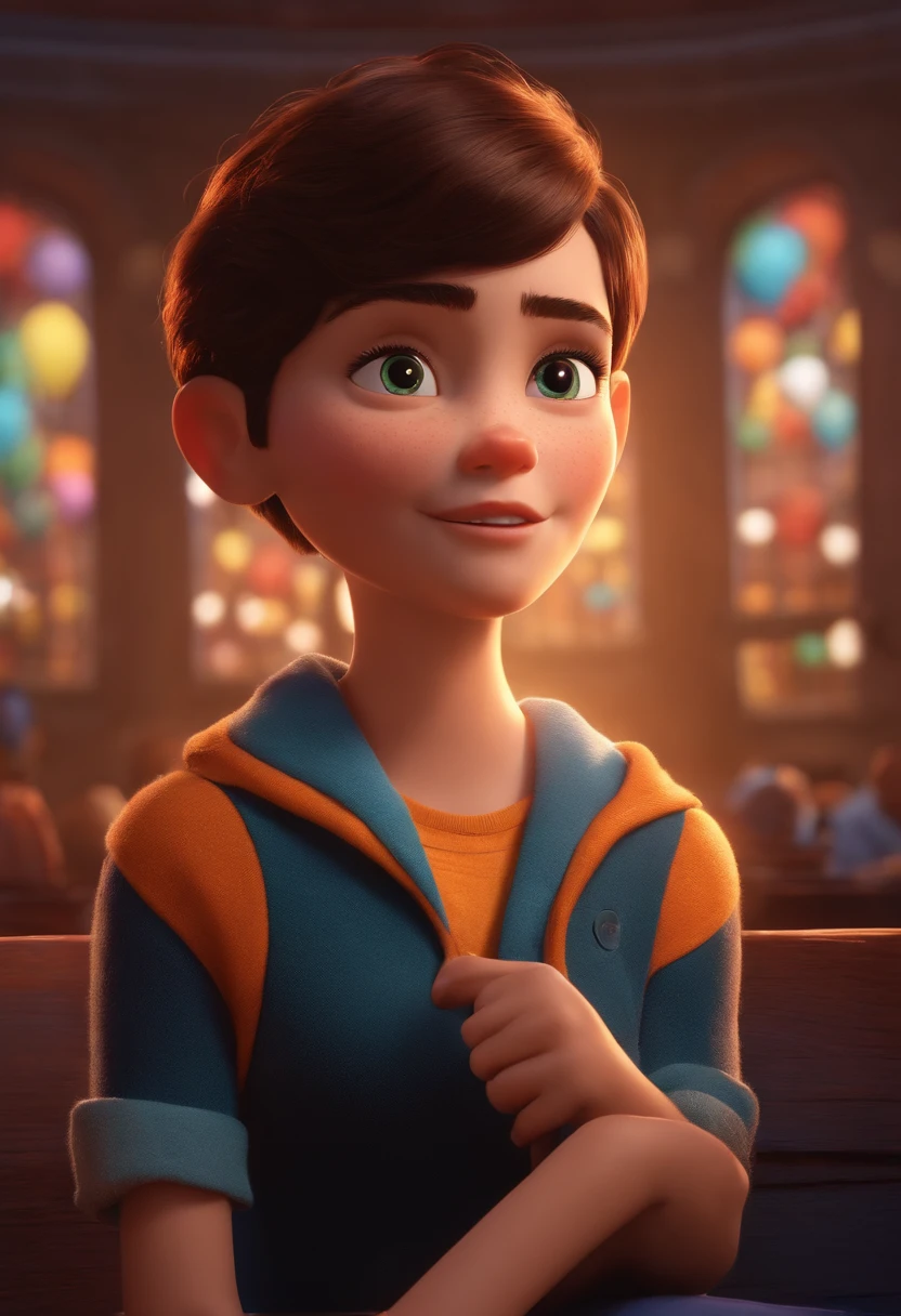 filme Marketing 2023 estilo filmes Pixar, Com nome "N - Marketing", poster, With young lighter brunette short hair and a black t-shirt in front of crossed arms.