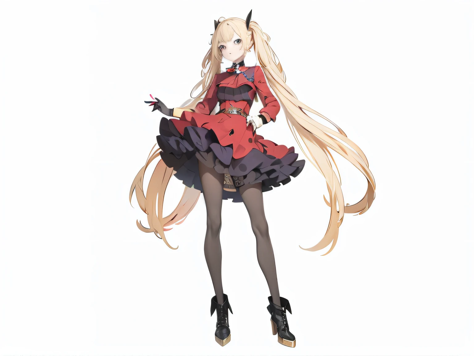 The anime girl wears a red coat and a black dress，Has blonde hair,