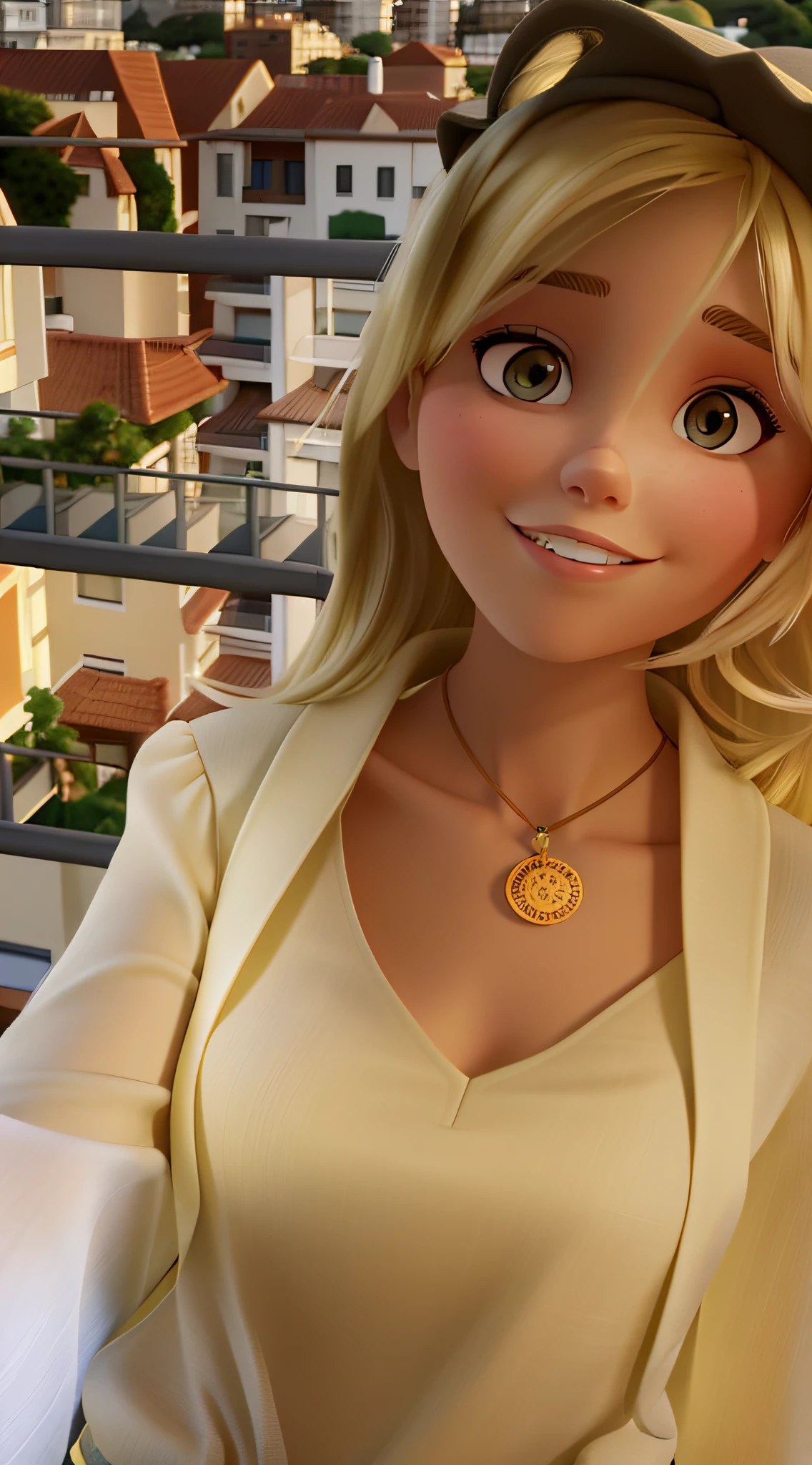 A 29-year-old, blonde, thin woman uses a photo background of the balcony of an apartment facing the sea