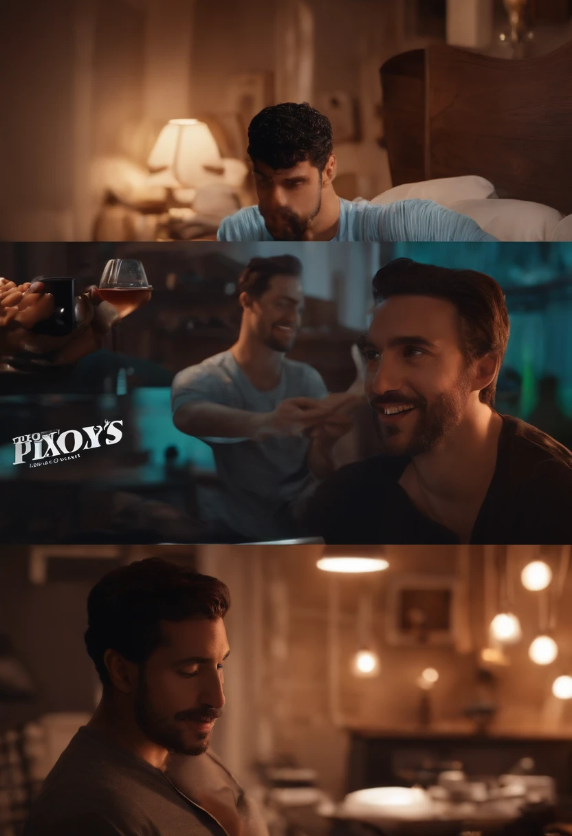 Poster 3D inspirado na Pixar/Disney capturando uma cena com um homem de 23 anos, Black hair without glasses, meio espetados curtos, barba crescendo. Use it in your recording studio, He's happy using the black iPhone 11 in creating content for Instagram. The studio has light fixtures and lights that add depth to the scene. The title "RAYLTO CDS" destaca-se na frente do cartaz