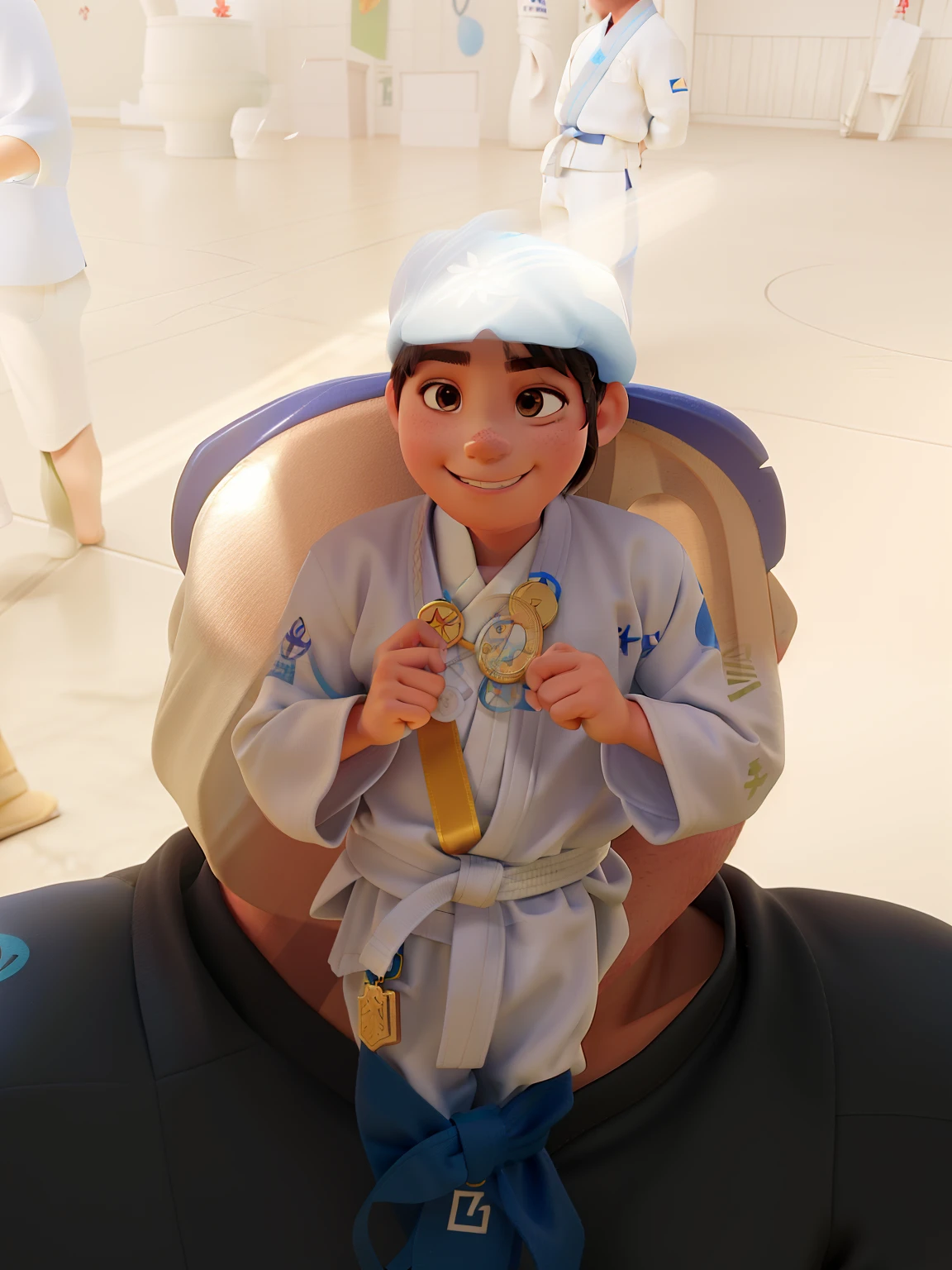 A child jiu-jitsu champion, com kimono branco, faixa cinza, Medal in hand, sorriso no rosto, tatame azul no fundo azul