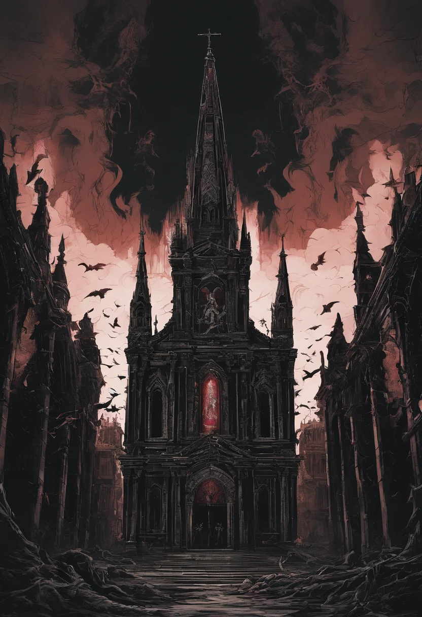 (best quality,4k,8k,highres,masterpiece:1.2),ultra-detailed,(realistic,photorealistic,photo-realistic:1.37),enormous demonic figure,behind a church,in a scene of black flames,gigantic demon with dark wings,menacing aura,ominous presence,fiery embers swirling around the demon's body,sinister shadows dancing in the background,massive church building,sinister atmosphere,ominous clouds filling the sky,detailed depiction of the demon's muscular physique,demonic eyes glowing with an eerie red light,sharp and menacing teeth,revealing wicked smile,chaotic destruction around the demon,ruined architectural elements and debris,darks and blacks dominating the color palette,ominous and eerie lighting,suggesting the presence of evil and darkness,ominous proportions,towering over the church,conveying a sense of power and intimidation.