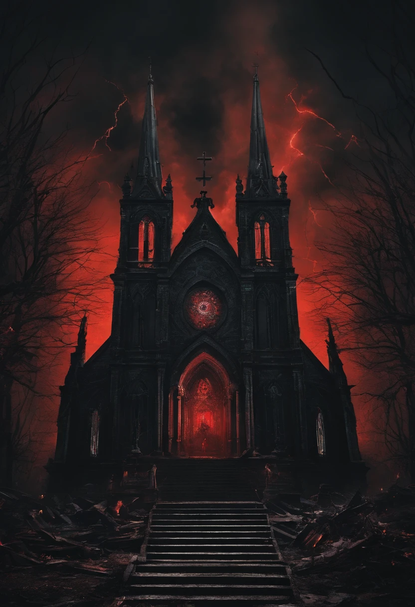 (best quality,4k,8k,highres,masterpiece:1.2),ultra-detailed,(realistic,photorealistic,photo-realistic:1.37),enormous demonic figure,behind a church,in a scene of black flames,gigantic demon with dark wings,menacing aura,ominous presence,fiery embers swirling around the demon's body,sinister shadows dancing in the background,massive church building,sinister atmosphere,ominous clouds filling the sky,detailed depiction of the demon's muscular physique,demonic eyes glowing with an eerie red light,sharp and menacing teeth,revealing wicked smile,chaotic destruction around the demon,ruined architectural elements and debris,darks and blacks dominating the color palette,ominous and eerie lighting,suggesting the presence of evil and darkness,ominous proportions,towering over the church,conveying a sense of power and intimidation.