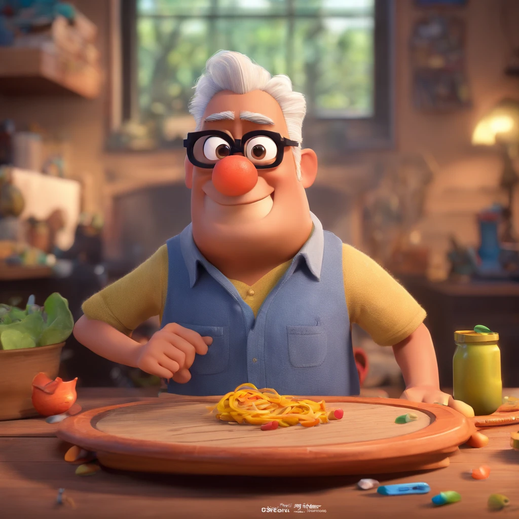 Crie um cartaz inspirado na Disney Pixar com o personagem sendo o deputado Keniston Braga, A white-haired man wearing glasses, the scene will be in Pixar's distinctive digital art style. Focus on character expressions, Vibrant colors and detailed textures present your animations, with the title " Keniston Braga no meio, Quero a cena dos principais filmes do PIXar