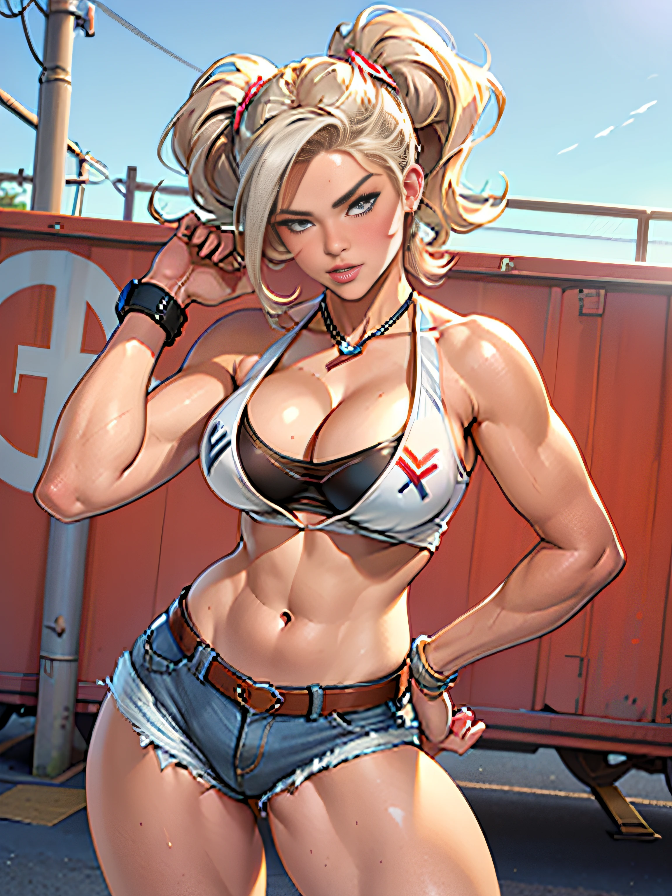 (high quality, best rendering), (beautiful girl), blue eyes, long gray hair (bombshell, pin-up style), psychopath, crazy face, sexy pose, jean short shorts, tank top, pastel, centered, scale to fit dimensions, micro thong, micro bikini, camel toe