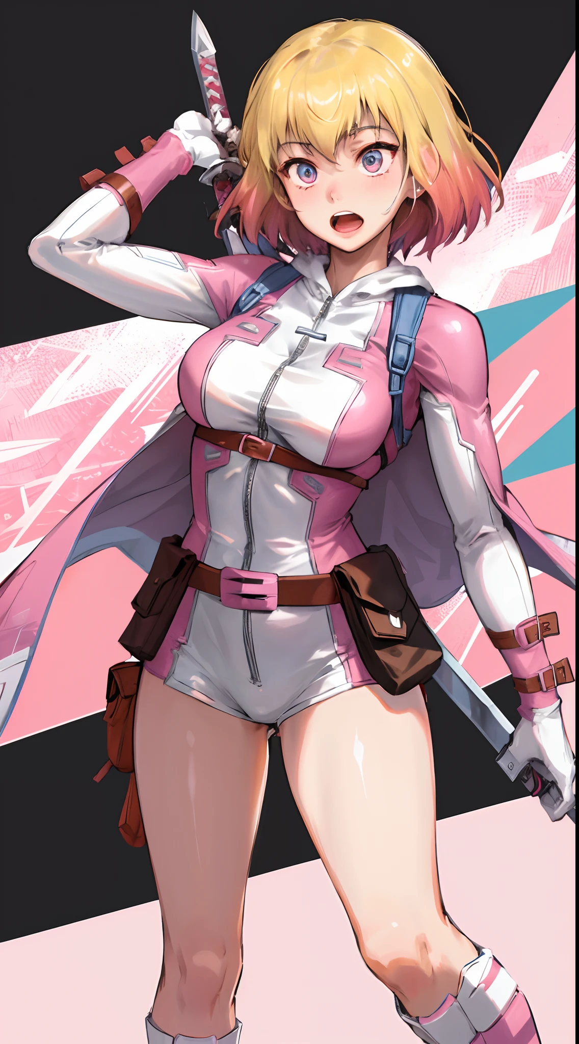 gwenpool, 1girl, weapon, blonde hair, multicolored hair, solo, blue eyes, sword, pouch, superhero, short hair, gradient hair, open mouth, belt, two-tone hair, pink hair, breasts, gloves, belt pouch