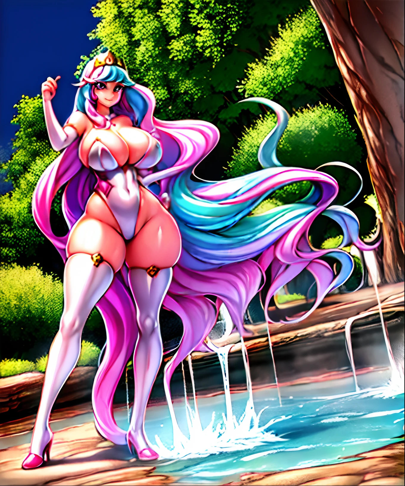 Rindou, Princess Celestia, Princess Celestia from my little pony, Princess Celestia in the form of a girl, long hair, lush hair, on the beach, in a swimsuit, pink swimsuit, on schizlong, in sunglasses, wearing a white hat with pink ribbons, volumetric shapes, best quality, very detailed, ultra 8k resolution, trees and flowers everywhere, pink flowers