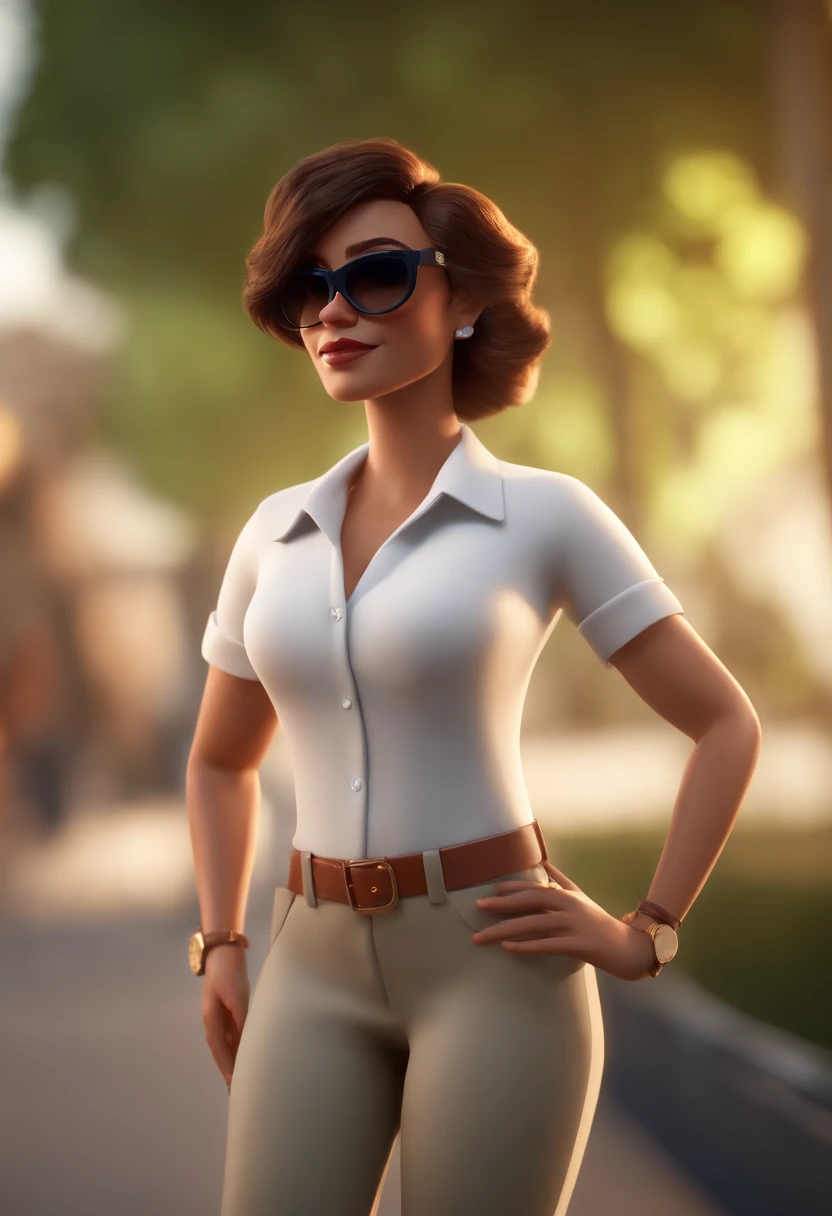 Cartoon character of a woman wearing sunglasses and a white shirt, um personagem animado, Caractere estilizado, animation style rendering, 3D estilizado, Arnold Maya render, 3 d render stylized, toon render keyshot, Personagem 3D, Personagem 3D, 3d rendering stylized, 3 d character render, personagem de desenho animado, Personagem de close up, Pose de personagem, (Estilo Pixar) (master part:1.2) (Bokeh) (best quality) (pele detalhada) (textura detalhada) (8k) (argila) (Cinematic lighting) (foco nítido，Senta e vaza a parte superior do corpo