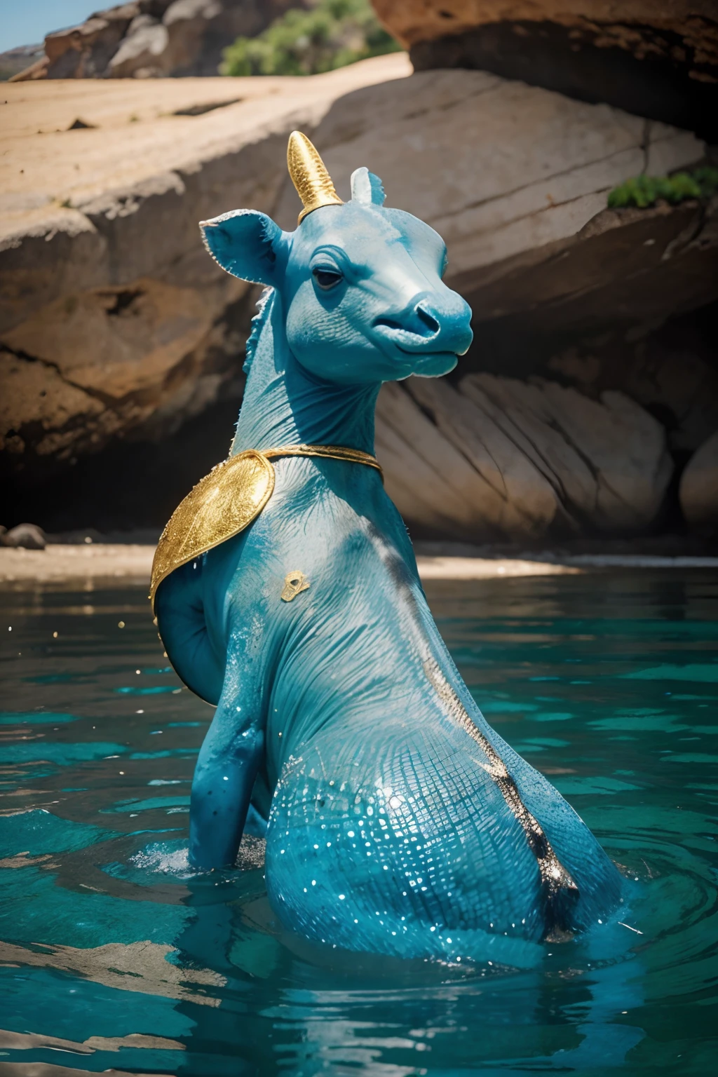 Ser humanoide, alto com pele toda em tons de azul, escamas com brilho prateado, It has fins on the calves and forearms. They have fins on their ears and head. tem dentes pontiagudos e olhos grandes e azuis. On some parts of the body there are some golden dots that look like gold that was melted and dried. ele anda na areia e tem um cajado de madeira com uma pedra azul na ponta. imagem ultra realista