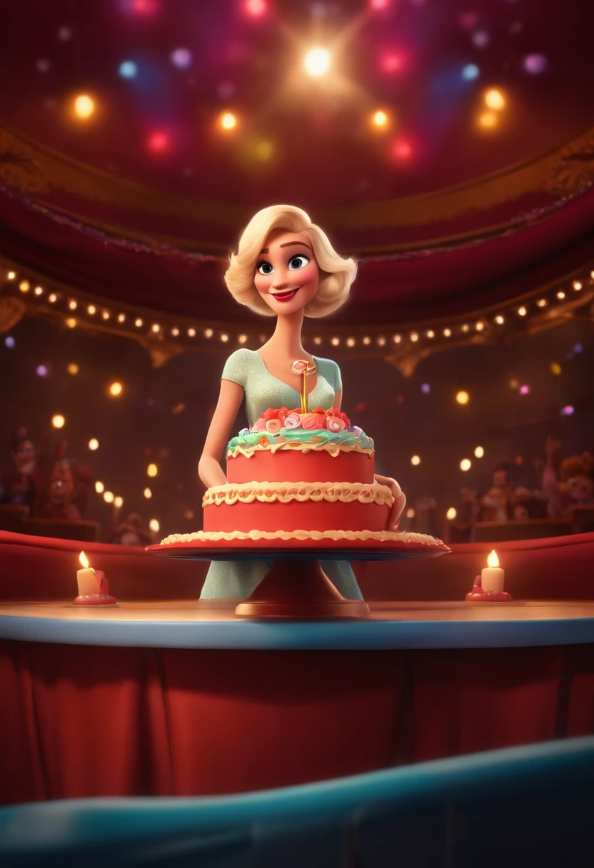 Pixar Style Image with 3D Character Blonde Woman Holding a Birthday Cake on Disney Stage