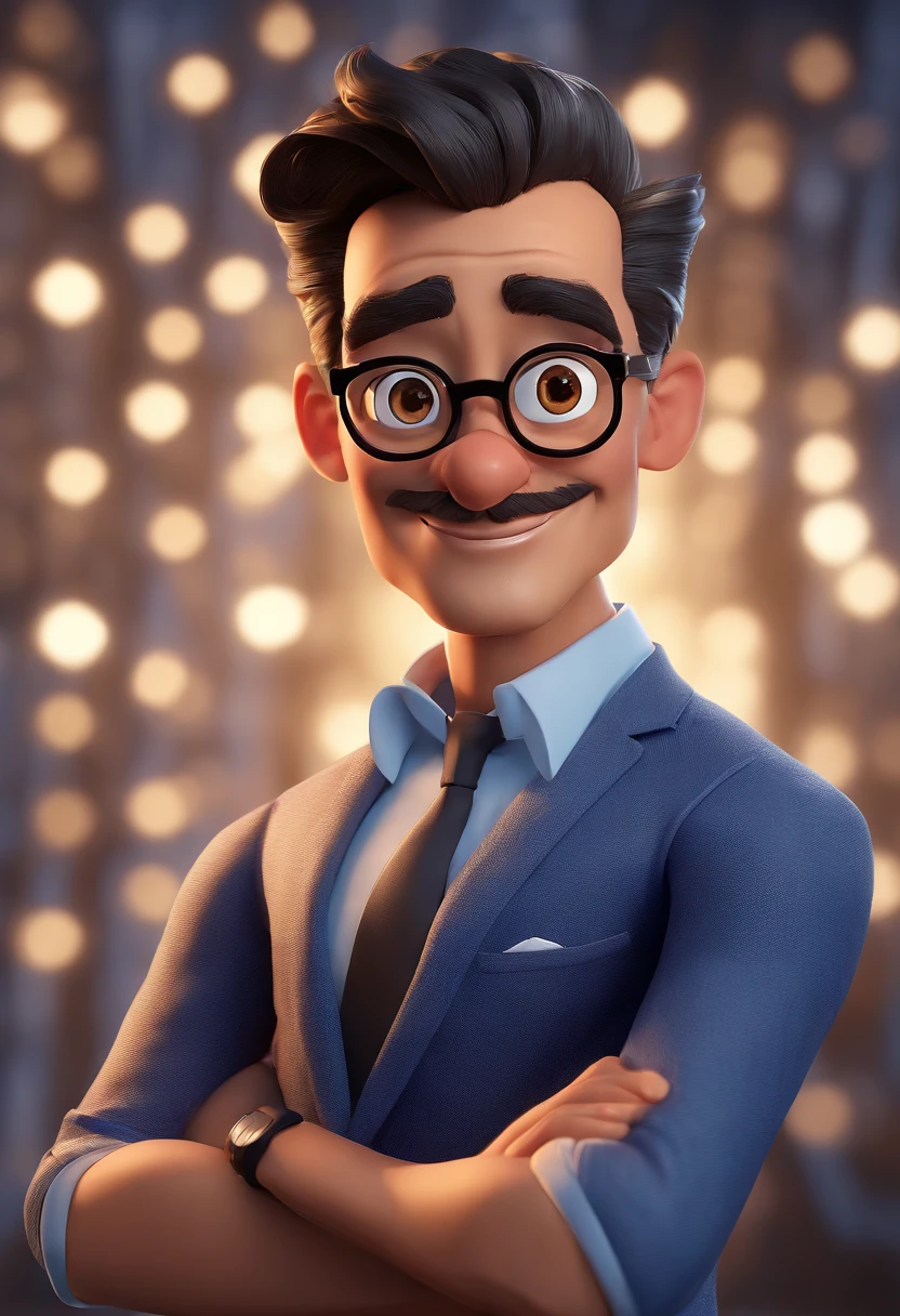 Cartoon character of a man with black glasses and a blue shirt, animation character, Caractere estilizado, animation style rendering, 3D estilizado, Arnold Maya render, 3 d render stylized, toon render keyshot, Personagem 3D, Personagem 3D, 3d rendering stylized, 3 d character render, personagem de desenho animado, Personagem de close up, Pose de personagem, (Estilo Pixar) (master part:1.2) (Bokeh) (best quality) (pele detalhada) (textura detalhada) (8k) (argila) (Cinematic lighting) (foco nítido