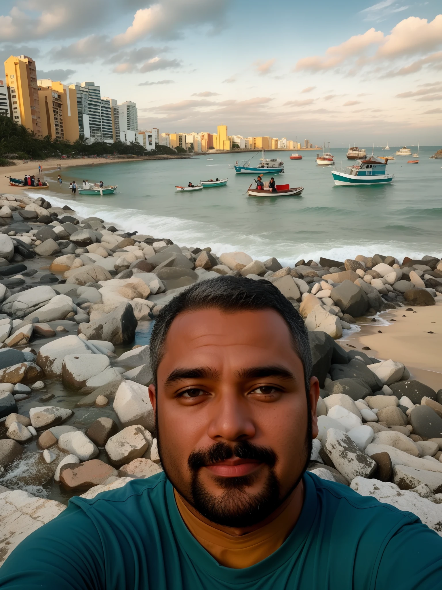 There is a man standing on a rocky beach with boats in the water, inspirado em Francis Souza, david rios ferreira, com uma cidade em segundo plano, standing near the beach, edu souza, caio santos, Homem de 4 0 anos, salvador, Fotografia selfie 8k, Directed by: Felipe Seade, inspired by Antônio Parreiras
