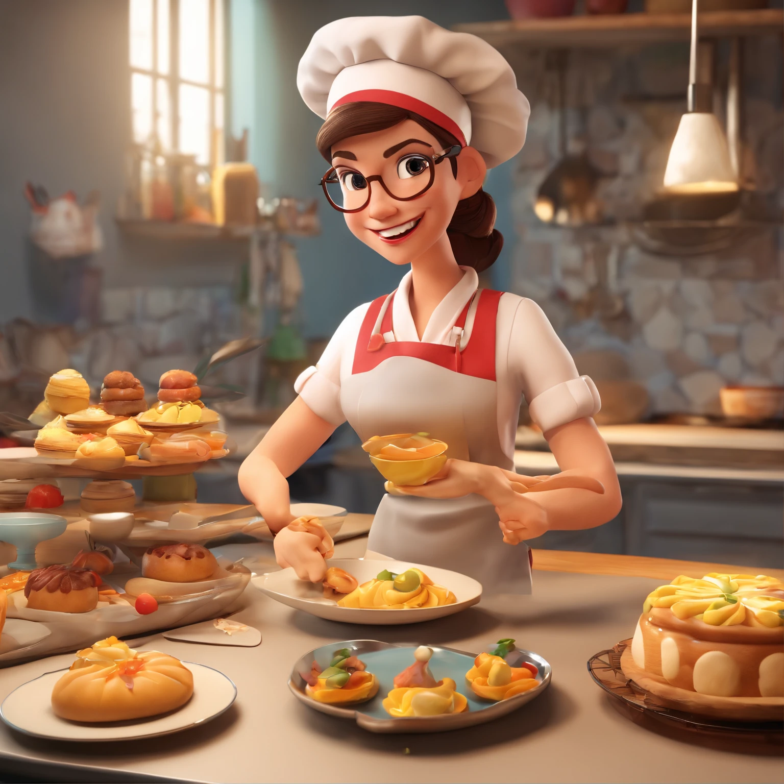 Crie uma cena de desenho animado estilo 3d -Pixar, Onde uma mulher, de cabelos lisos castanhos com 35 anos de idade, She's cooking dressed as a pastry chef.