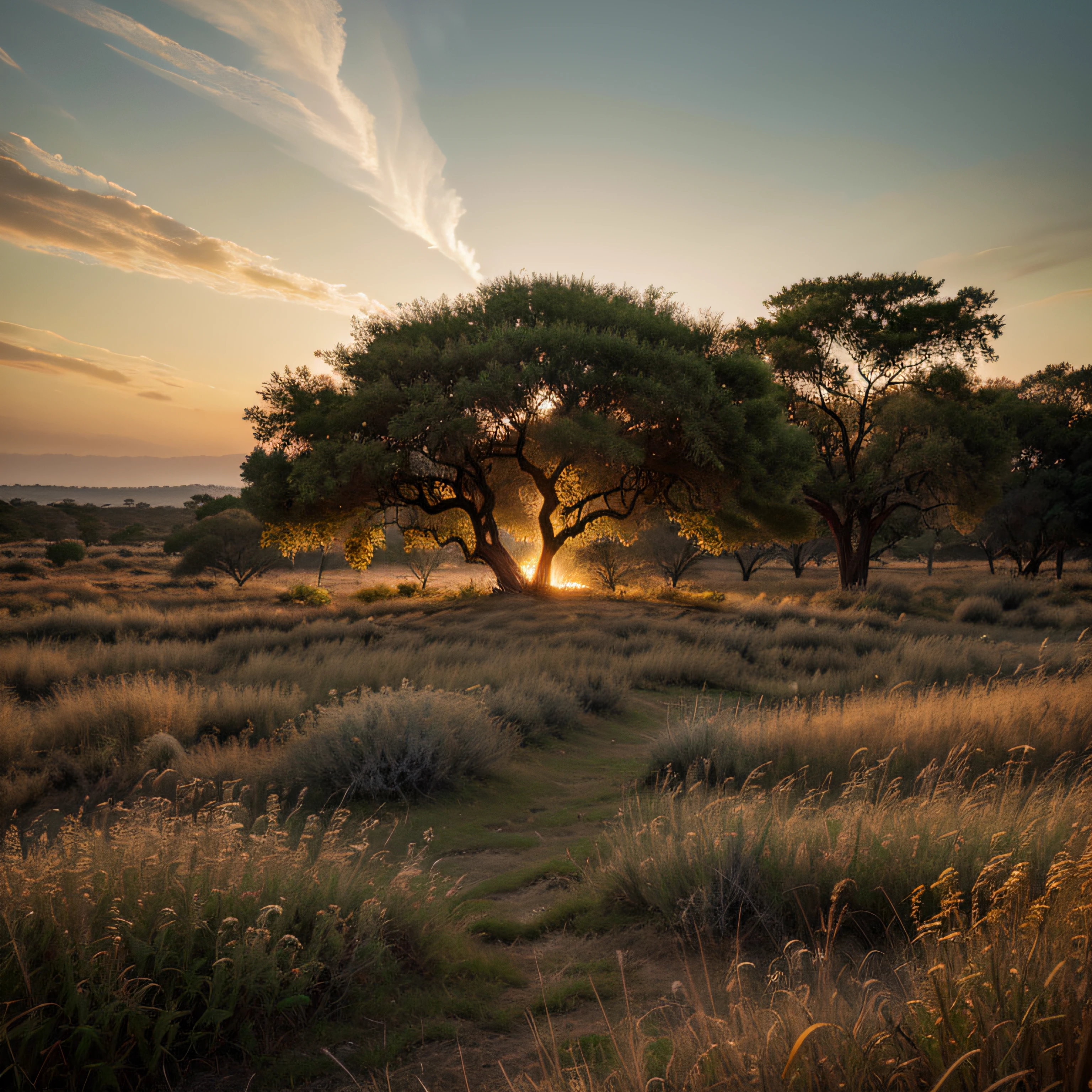 A burning tree in a savannah, with a hazy sky and few clouds, sunset
(best quality,4k,8k,highres,masterpiece:1.2),ultra-detailed,(realistic,photorealistic,photo-realistic:1.37),HDR,UHD,studio lighting,ultra-fine painting,sharp focus,physically-based rendering,extreme detail description,professional,vivid colors,bokeh,landscape
In the middle of a vast savannah, a majestic tree stands tall, engulfed in flames. The tree's branches are ablaze, creating a fiery spectacle against the backdrop of the evening sky. The flames lick the sky with intensity, casting an orange glow that illuminates the surrounding landscape. The grasses and shrubs nearby are charred and smoldering, evidence of the intense heat.
The sky above is hazy, with a soft opacity that adds an ethereal quality to the scene. The setting sun paints the horizon in shades of warm gold and deep orange, casting a soft, golden light over the savannah. The few clouds scattered across the sky are wispy and delicate, barely noticeable against the vibrant colors of the sunset.
The scene is captured in (best quality,4k,8k,highres,masterpiece:1.2) detail, showcasing the intricate textures of the tree's bark and the delicate details of the flames. The image is (realistic,photorealistic,photo-realistic:1.37), with every element rendered to perfection. The use of HDR and UHD technology enhances the image, bringing out the vibrant colors and the subtle nuances of light and shadow.
Studio lighting is employed to create a sense of drama and depth, emphasizing the contrast between the fiery tree and the darkening sky. The ultra-fine painting technique used in the rendering adds an extra layer of detail, capturing the minute brushstrokes and textures of the scene. The sharp focus ensures that every element of the image is crisp and clear, immersing the viewer in the blazing spectacle.
The physically-based rendering technique used in the image creation ensures that the flames and the surrounding landscape look realistic an