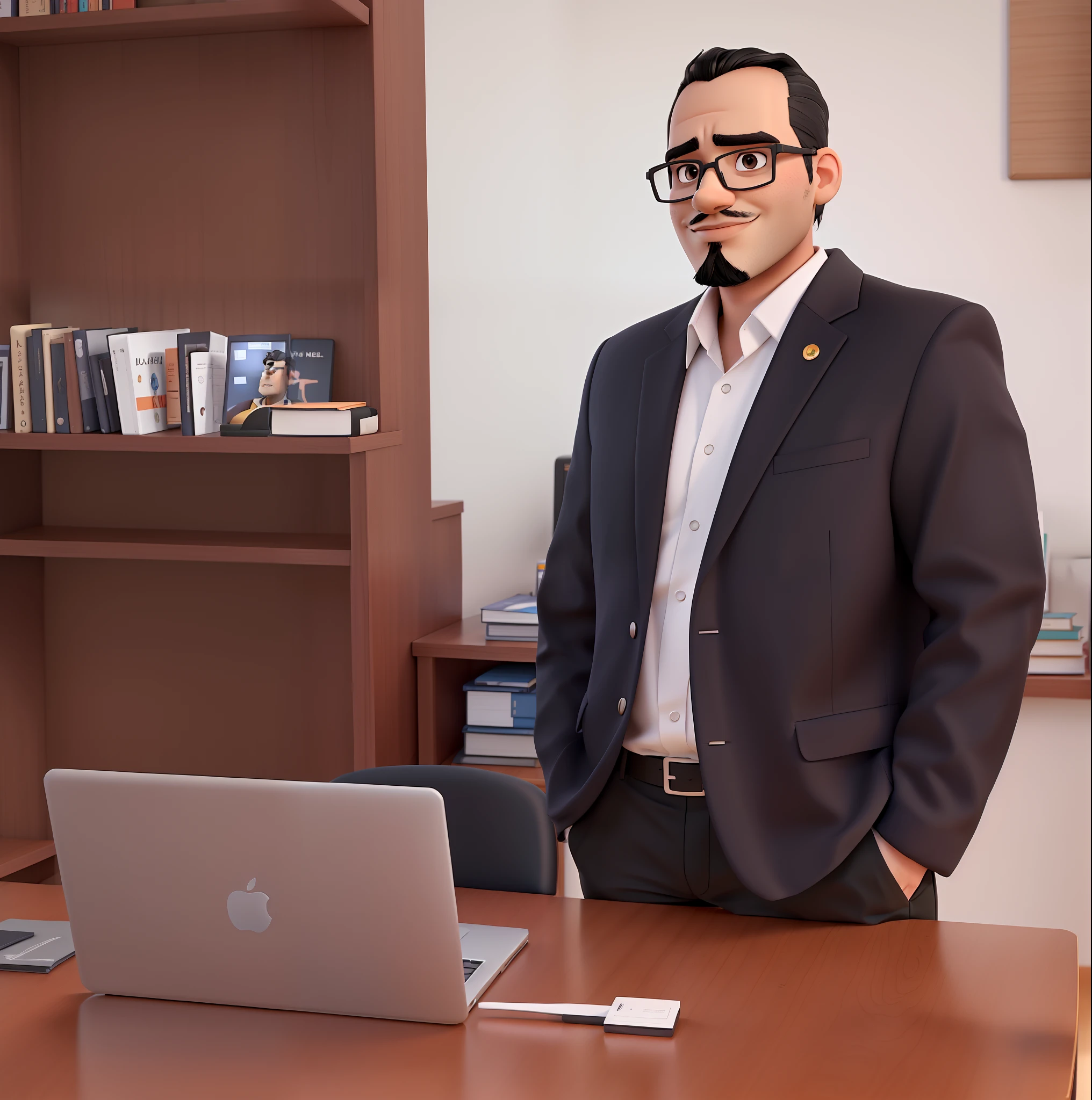 man who has black hair and goatee posing in his office for advertisement