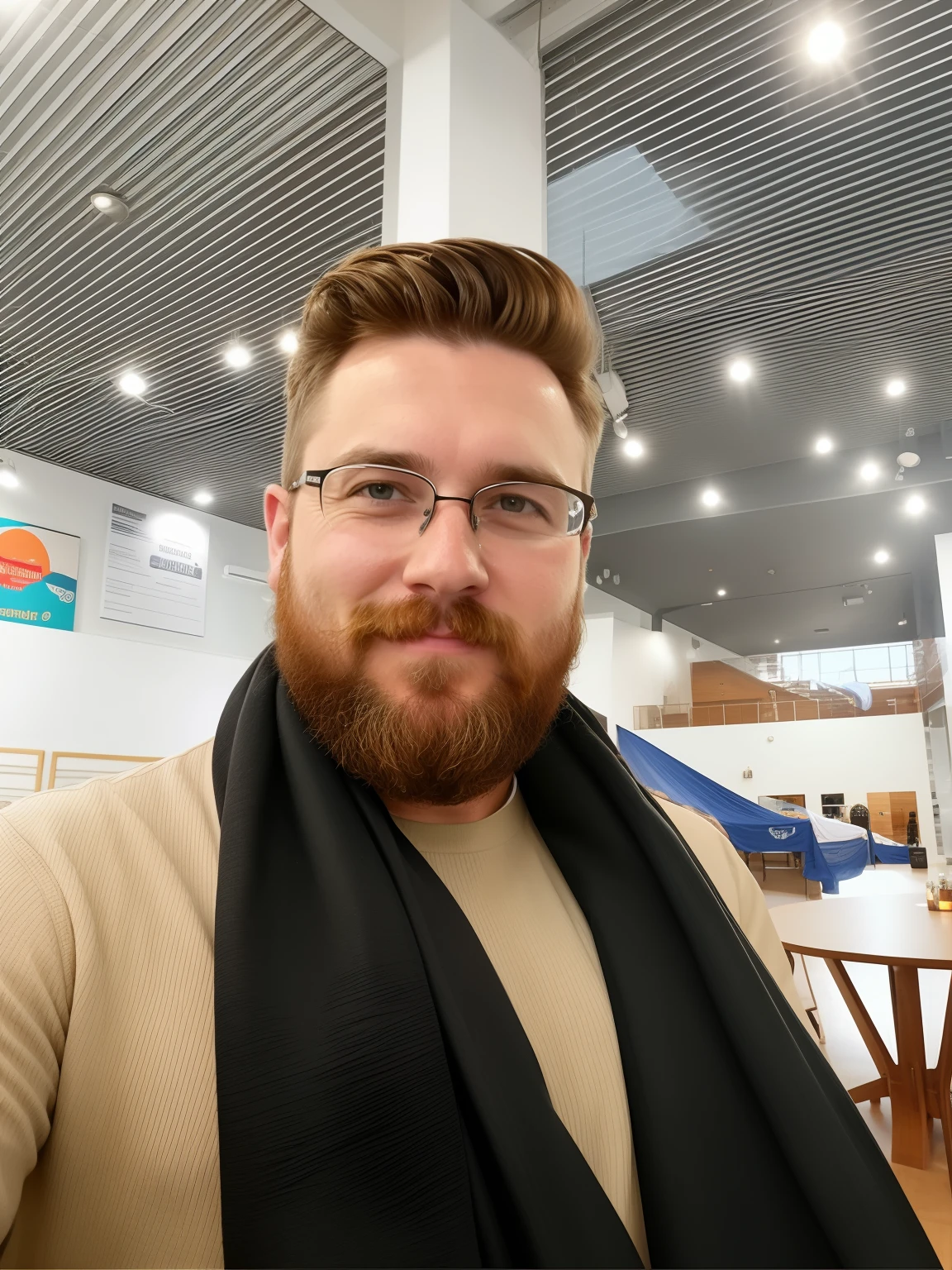 there is a man with a beard and scarf, barba clara, sem barba, barba loira, Streamer do Twitch / Jogador Ludwig, barba avermelhada, com uma barba pequena, neckbeard, homem muito atraente com barba, sem barba, barba arrumada, Fotografia selfie 8k, barba marrom, ginger bearded man with glasses, barba cheia, barba de restolho leve