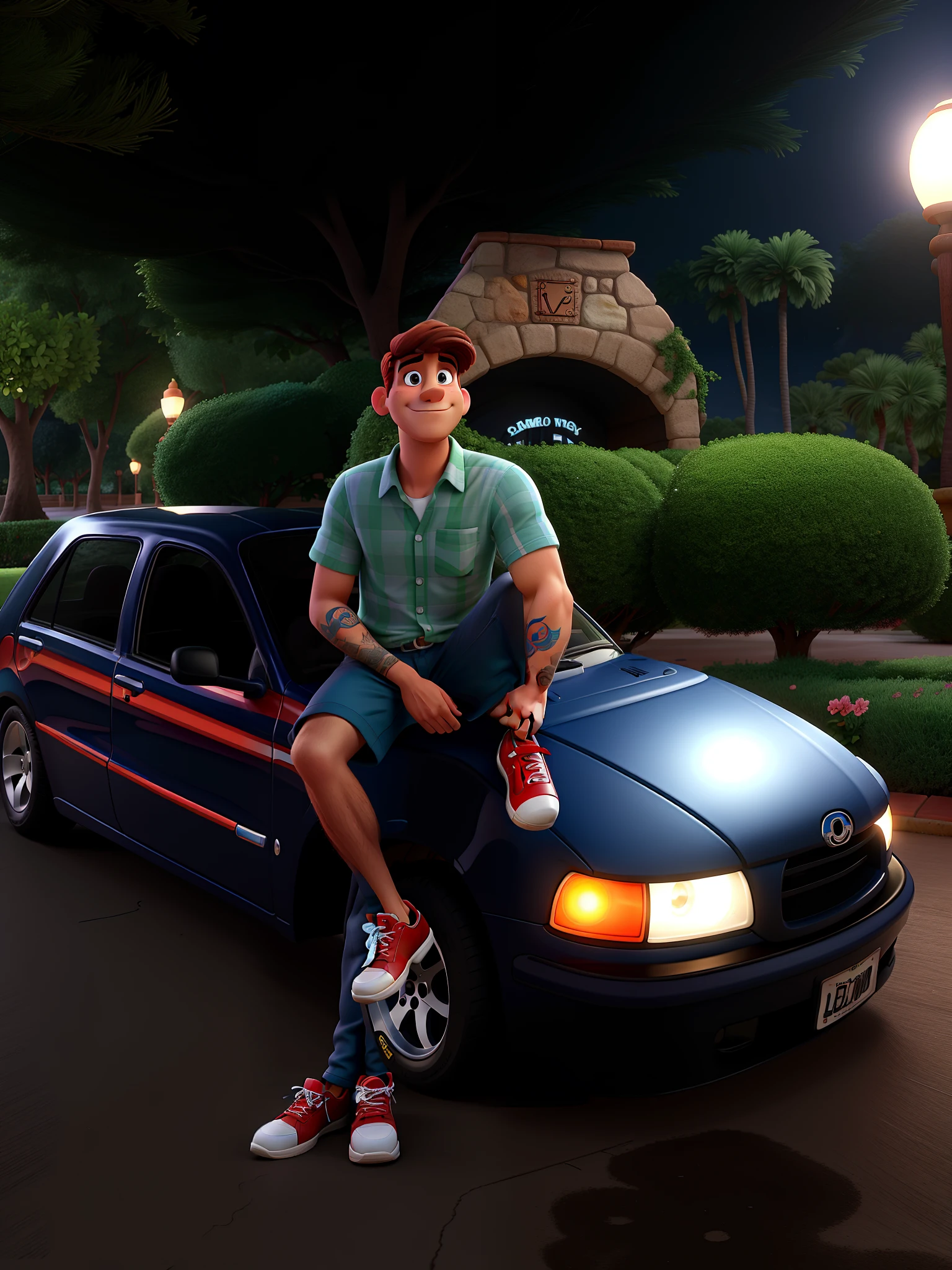 Um homem moreno estilo disney pixar, com seu carro rebaixado, alta qualidade