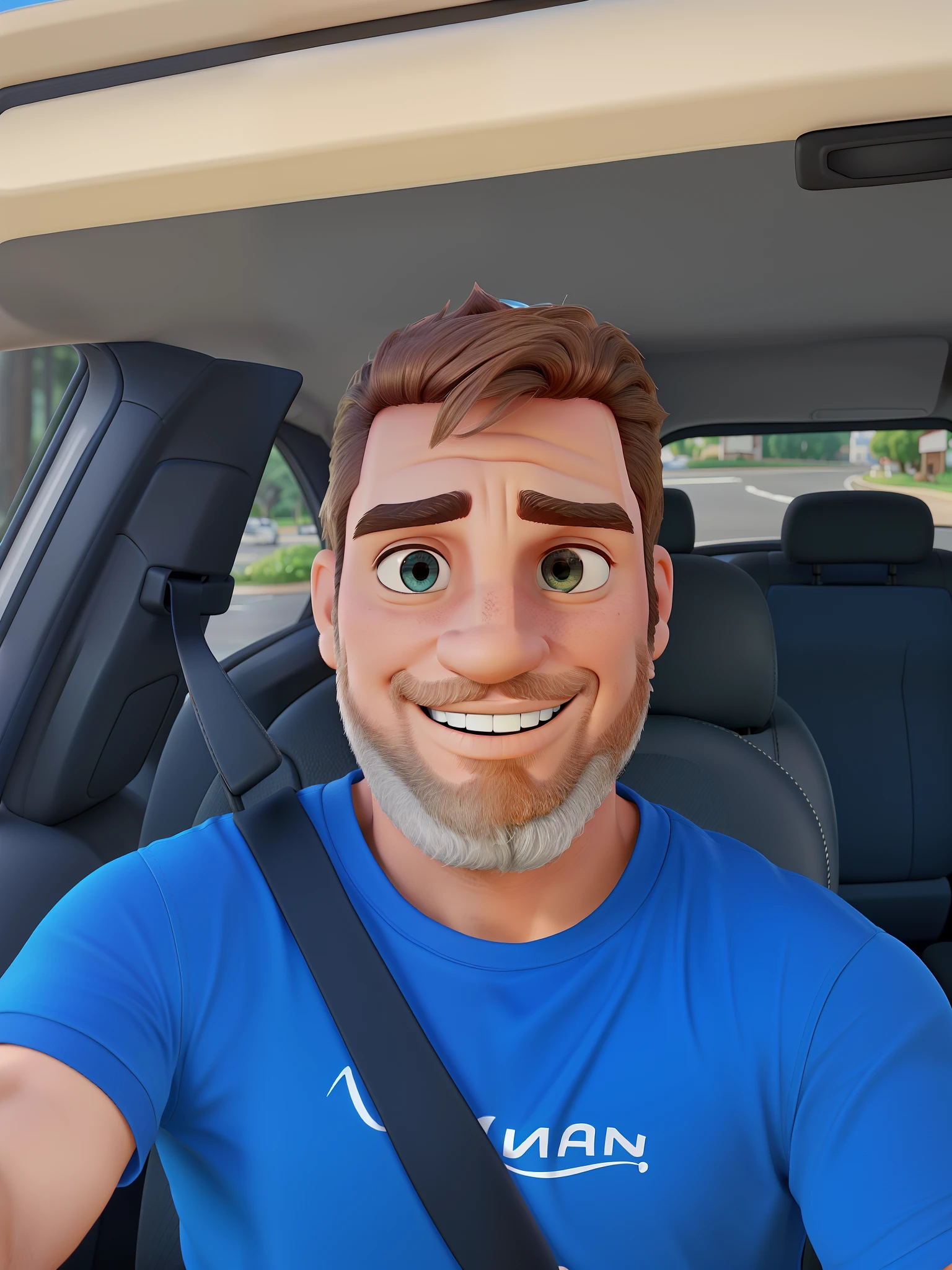 romantico.  O homem tem cabelo grisalho e a barba grisalha. Man is inside car with seat belt. O homem usa uma camiseta azul. 
Man is taking selfie. Igual ao filme Disney Pixar.