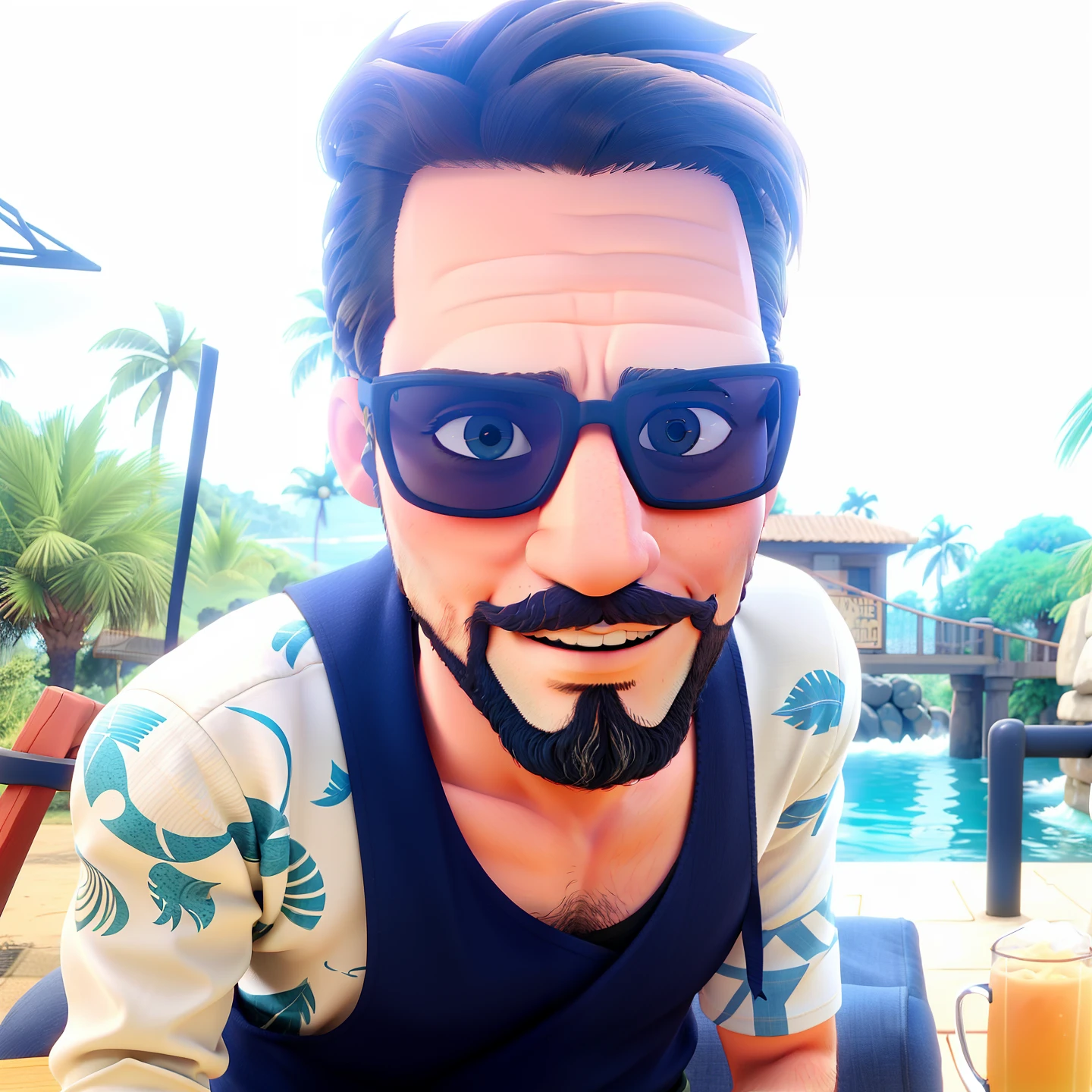Man in sunglasses, 40 anos, cabelo liso castanho, barba rala, regata preta, plano de fundo clube aquatico