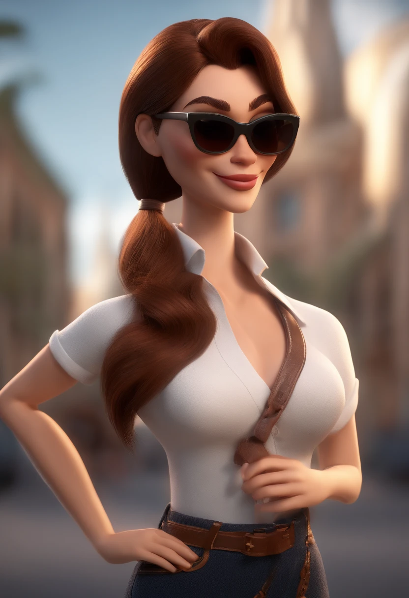 Cartoon character of a woman wearing sunglasses and a white shirt, um personagem animado, Caractere estilizado, animation style rendering, 3D estilizado, Arnold Maya render, 3 d render stylized, toon render keyshot, Personagem 3D, Personagem 3D, 3d rendering stylized, 3 d character render, personagem de desenho animado, Personagem de close up, Pose de personagem, (Estilo Pixar) (master part:1.2) (Bokeh) (best quality) (pele detalhada) (textura detalhada) (8k) (argila) (Cinematic lighting) (foco nítido，Senta e vaza a parte superior do corpo