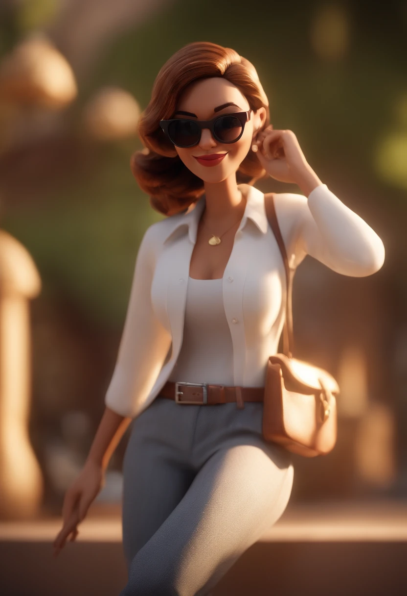 Cartoon character of a woman wearing sunglasses and a white shirt, um personagem animado, Caractere estilizado, animation style rendering, 3D estilizado, Arnold Maya render, 3 d render stylized, toon render keyshot, Personagem 3D, Personagem 3D, 3d rendering stylized, 3 d character render, personagem de desenho animado, Personagem de close up, Pose de personagem, (Estilo Pixar) (master part:1.2) (Bokeh) (best quality) (pele detalhada) (textura detalhada) (8k) (argila) (Cinematic lighting) (foco nítido,Senta e vaza a parte superior do corpo