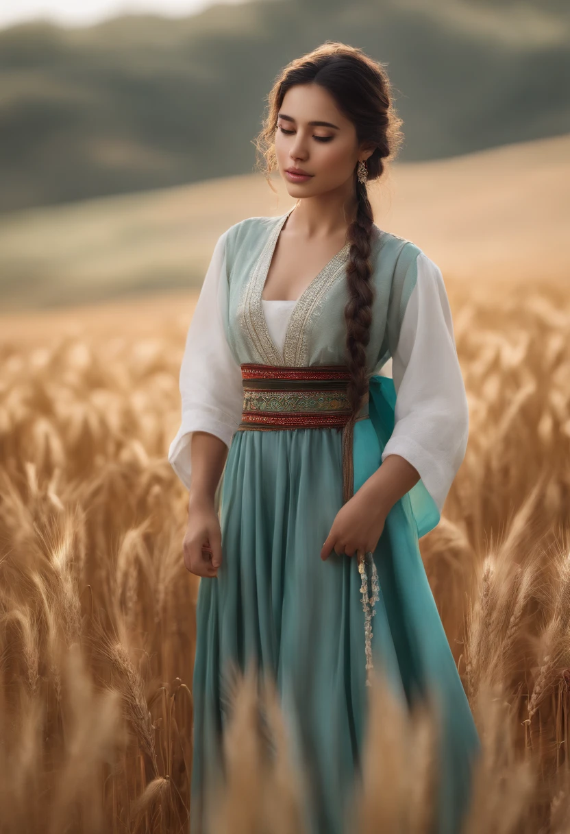 master part, best quality, Ultra Highres, Detailed illustration, retrato, circunstanciado, 1Girl standing in wheat field, sozinho, cabelos longos, vestir, flor, Hanfu branco, sorrir, corpo inteiro, flor branca, bareshoulders, cabelos muito longos, aqua cabelo, boca fechada, Visualizador voltado, franja,