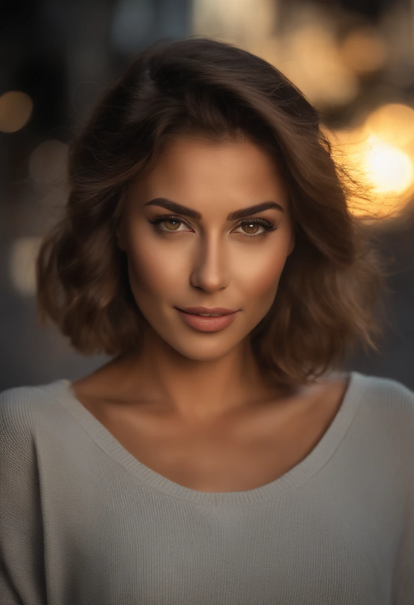 best quality, Ultra High Definition, (fotorrealista:1.4),sunset light, rabo-de-cavalo, Mulheres coreanas, foto detalhada, sorridente, sexy, camisa preta, facing camera, Close-up (master part: 1.3), (8k, fotorrealista, best quality: 1.4), (1girl), beautiful face, (Rosto realista), (cabelos pretos, short hair: 1.3), Penteado bonito, olhos realistas, belos olhos de detalhe, (pele realista), pele bonita, (sweater), Absurdo, atraente, Ultra high resolution, ultra realistic, High definition, proportion Aurea