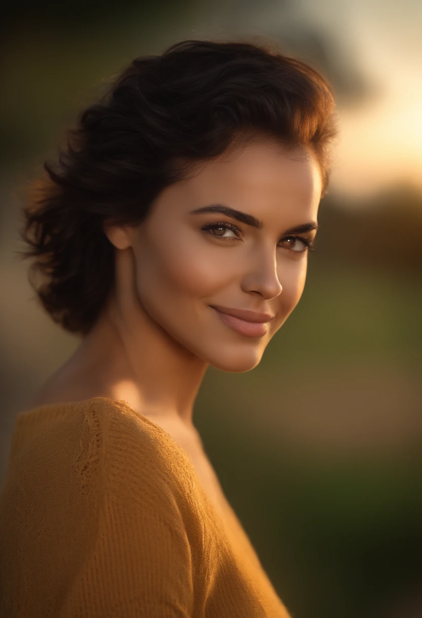 best quality, Ultra High Definition, (fotorrealista:1.4),sunset light, rabo-de-cavalo, Mulheres coreanas, foto detalhada, sorridente, sexy, camisa preta, facing camera, Close-up (master part: 1.3), (8k, fotorrealista, best quality: 1.4), (1girl), beautiful face, (Rosto realista), (cabelos pretos, short hair: 1.3), Penteado bonito, olhos realistas, belos olhos de detalhe, (pele realista), pele bonita, (sweater), Absurdo, atraente, Ultra high resolution, ultra realistic, High definition, proportion Aurea