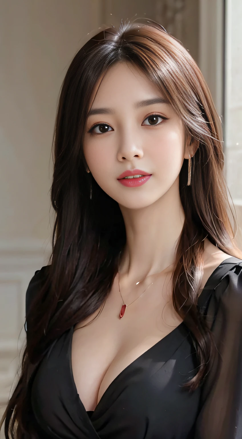 (((Brown long hair))), (Louvre Museum), Pose Seductive, (A hyper-realistic), (Illustration), (Increased resolution), (8KUHD), (Extremely detailed), (Best Illustration), (Beautiful and detailed eyes), (Best Quality), (ultra-detailliert), (masutepiece ), ( Wallpaper), (Detailed face), Solo, 1人の女性, Fine details, Detailed face, Deep Shadows, lowkey, pureerosfaceace_v1, Smiling, 46 point slanted bangs、Black blouse、cleavage of the breast、Big necklace、large earring、Laughing、