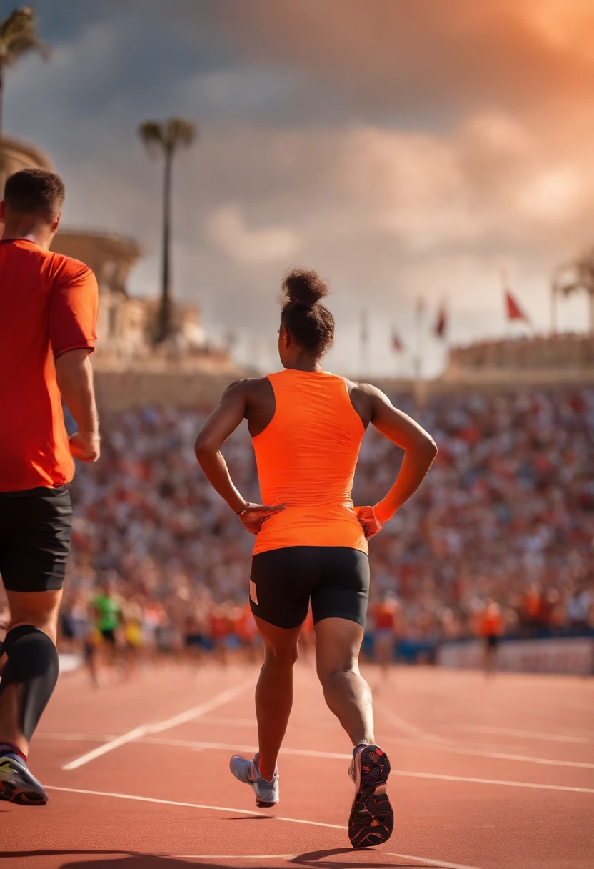 crie a imagem 3D 4K da Disney pixar  de um atleta  cruzando a linha de chegada de uma corrida de rua o atleta deve ser magro, postura de corredor, cabelo preto curto.Need to be wearing orange running shoes, Black Compression Shorts, camiseta laranjada neon, a postura tem que ser vitoriosa, With an audience watching the race and photographers