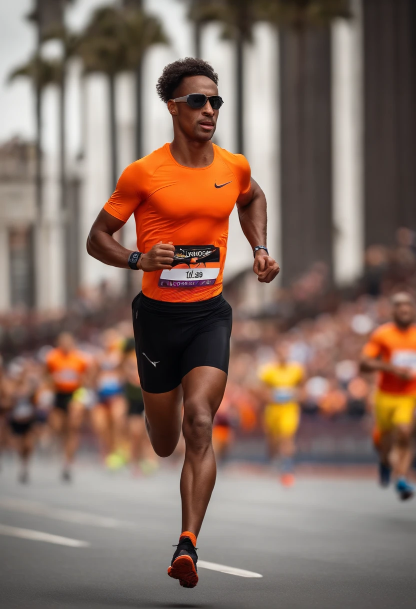crie a imagem 3D 4K da Disney pixar de um atleta cruzando a linha de chegada de uma corrida de rua o atleta deve ser magro, postura de corredor, cabelo preto curto.Need to be wearing orange running shoes, Black Compression Shorts, camiseta laranjada neon, a postura tem que ser vitoriosa, With an audience watching the race and photographers