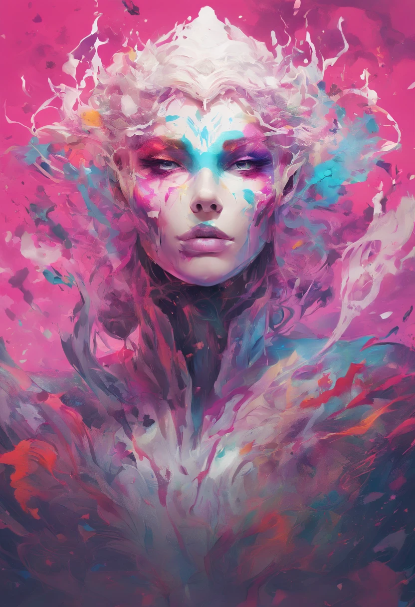 Splash art, full wihte mutt dod, pink nose, ((white background)), piercing eyes, epic Instagram, artstation, splash style of colorful paint, contour, hyperdetailed intricately detailed , unreal engine, fantastical, intricate detail, splash screen, complementary colors, fantasy concept art, 8k resolution, deviantart masterpiece, oil painting, heavy strokes, paint dripping, splash arts