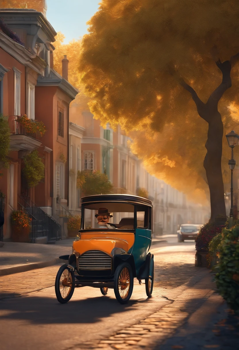 Make a gentleman in Pixar cartoon style, passeando de bibicleta numa rua de um suburbio, com carros, Houses & Trees.