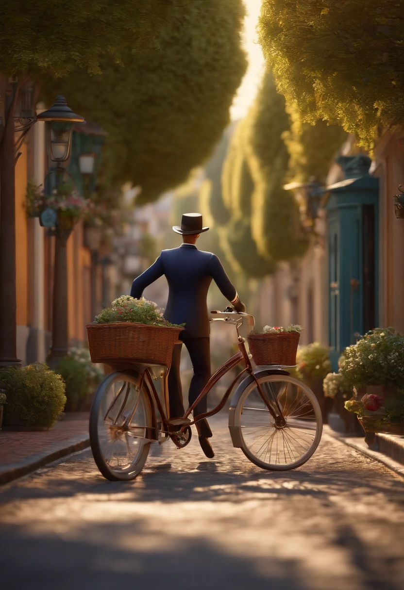 Make a gentleman in Pixar cartoon style, passeando de bibicleta numa rua de um suburbio, com carros, Houses & Trees.