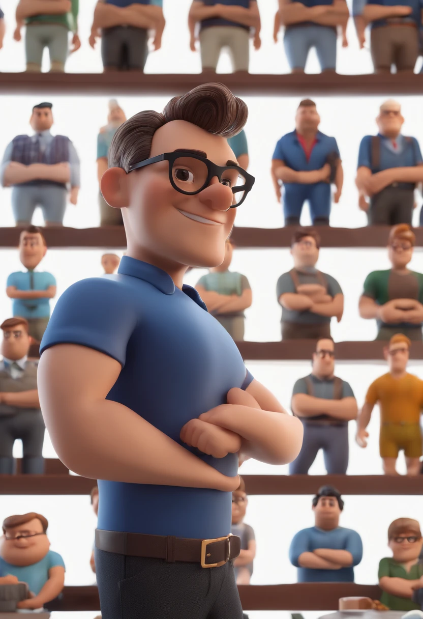 Cartoon character of a man with black glasses and a blue shirt, animation character, Caractere estilizado, animation style rendering, 3D estilizado, Arnold Maya render, 3 d render stylized, toon render keyshot, Personagem 3D, Personagem 3D, 3d rendering stylized, 3 d character render, personagem de desenho animado, Personagem de close up, Pose de personagem,  (Estilo Pixar) (master part:1.2) (Bokeh) (best quality) (pele detalhada) (textura detalhada) (8k) (argila) (Cinematic lighting) (foco nítido