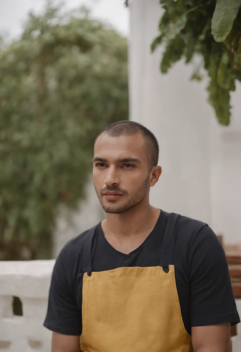 homem negro, Trinta anos, um metro e setenta, com 120 kilos, sad face expression, sedentary, standingn, vestido com camisa vermelha, bermuda amarela, fundo praia