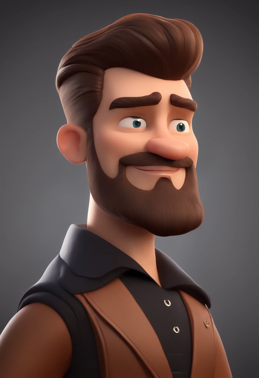 cartoon character of a man with brown beard and short hair with topknot, a black shirt wearing a badge written Kcomk productions animation character, Caractere estilizado, animation style rendering, 3D estilizado, Arnold Maya render, 3 d render stylized, toon render keyshot, Personagem 3D, Personagem 3D, 3d rendering stylized, 3 d character render, personagem de desenho animado, Personagem de close up, Pose de personagem,  (Estilo Pixar) (master part:1.2) (Bokeh) (best quality) (pele detalhada) (textura detalhada) (8k) (argila) (Cinematic lighting) (foco nítido