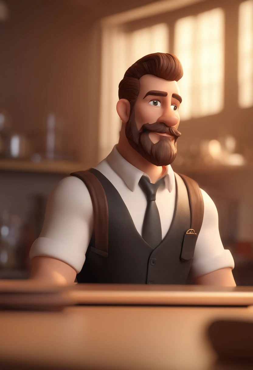 cartoon character of a man with brown beard and short hair with topknot, a black shirt wearing a badge written Kcomk productions animation character, Caractere estilizado, animation style rendering, 3D estilizado, Arnold Maya render, 3 d render stylized, toon render keyshot, Personagem 3D, Personagem 3D, 3d rendering stylized, 3 d character render, personagem de desenho animado, Personagem de close up, Pose de personagem, (Estilo Pixar) (master part:1.2) (Bokeh) (best quality) (pele detalhada) (textura detalhada) (8k) (argila) (Cinematic lighting) (foco nítido