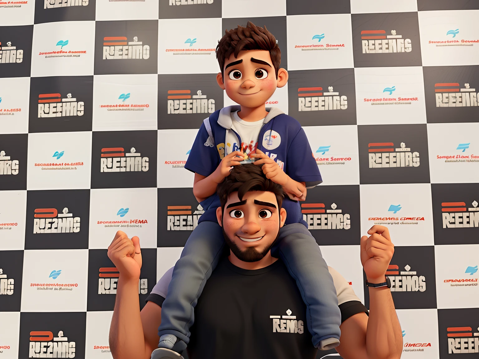 Redone Banner Writing Back, sobrinho segurando doces, com a camisa escrito refeitos de logo, Making peace and love in 2 hands , tio de barba , sobrinho feliz e banguelo com lindos olhos