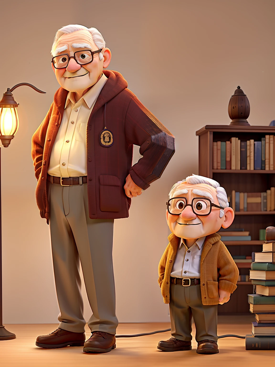A wise old man standing in front, illuminated by the light of a lamp, against the backdrop of a library