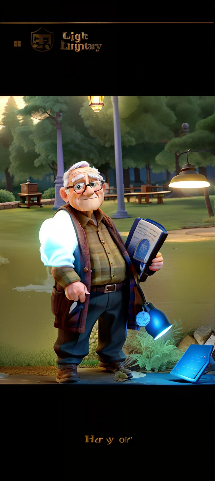 A wise old man standing in front, illuminated by the light of a lamp, against the backdrop of a library