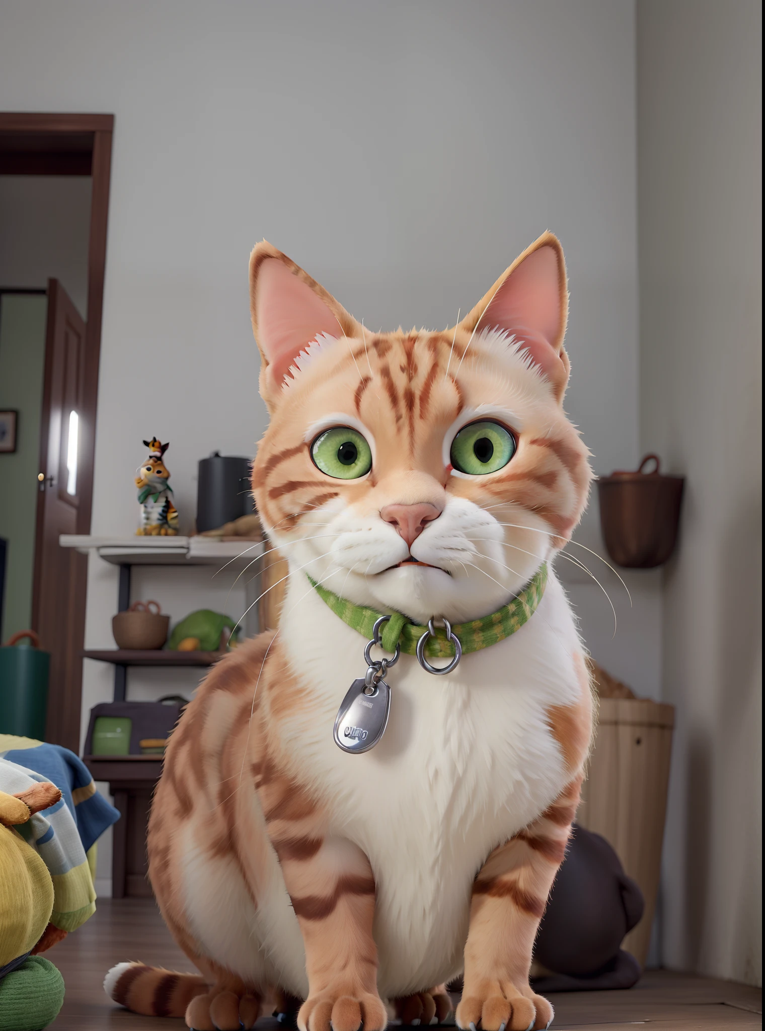 Obra-prima, de melhor qualidade, gato laranja, olho verde, ginger cat, simpatico, sentado, quarto