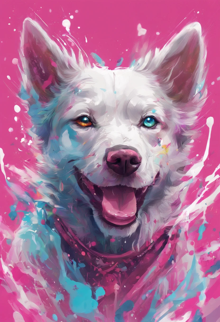 Splash art, full wihte mutt dog, pink nose, ((white background)), piercing eyes, epic Instagram, artstation, splash style of colorful paint, contour, hyperdetailed intricately detailed , unreal engine, fantastical, intricate detail, splash screen, complementary colors, fantasy concept art, 8k resolution, deviantart masterpiece, oil painting, heavy strokes, paint dripping, splash arts