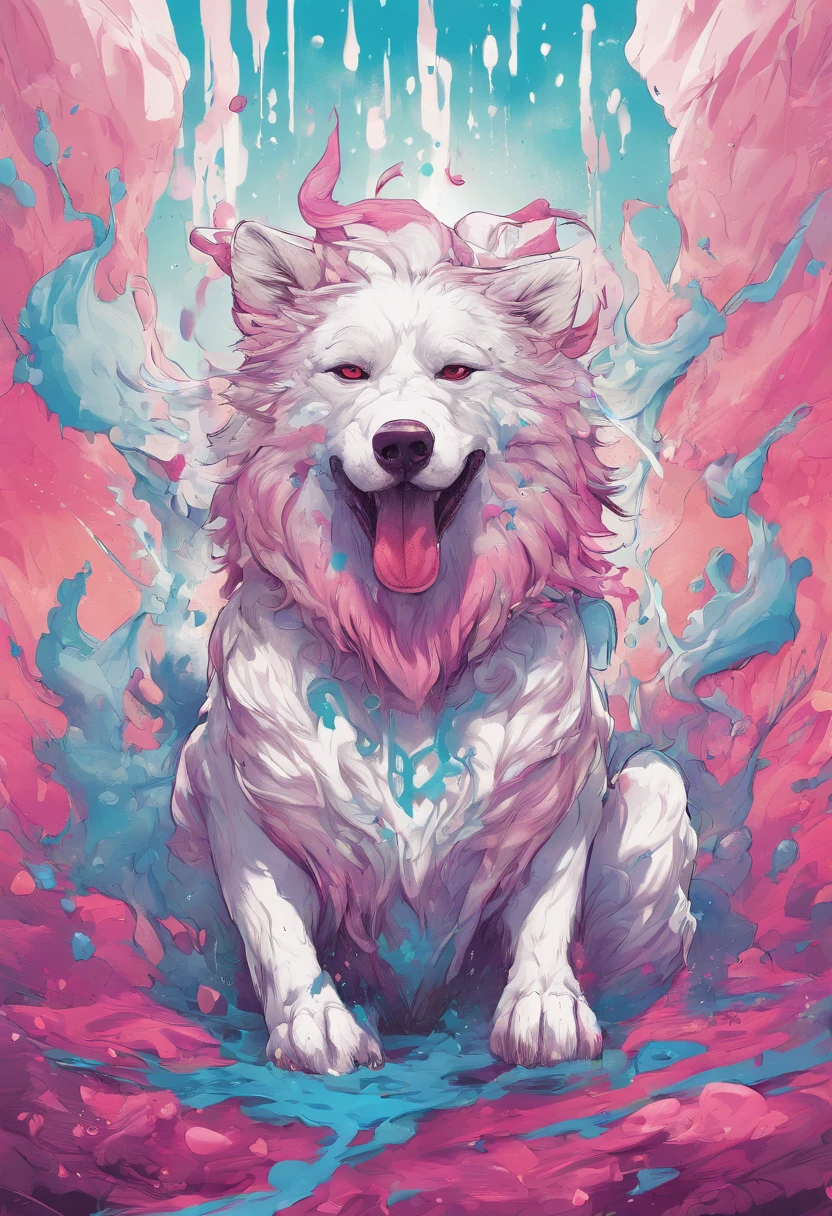 Splash art, full wihte mutt dog, pink nose, ((white background)), piercing eyes, epic Instagram, artstation, splash style of colorful paint, contour, hyperdetailed intricately detailed , unreal engine, fantastical, intricate detail, splash screen, complementary colors, fantasy concept art, 8k resolution, deviantart masterpiece, oil painting, heavy strokes, paint dripping, splash arts